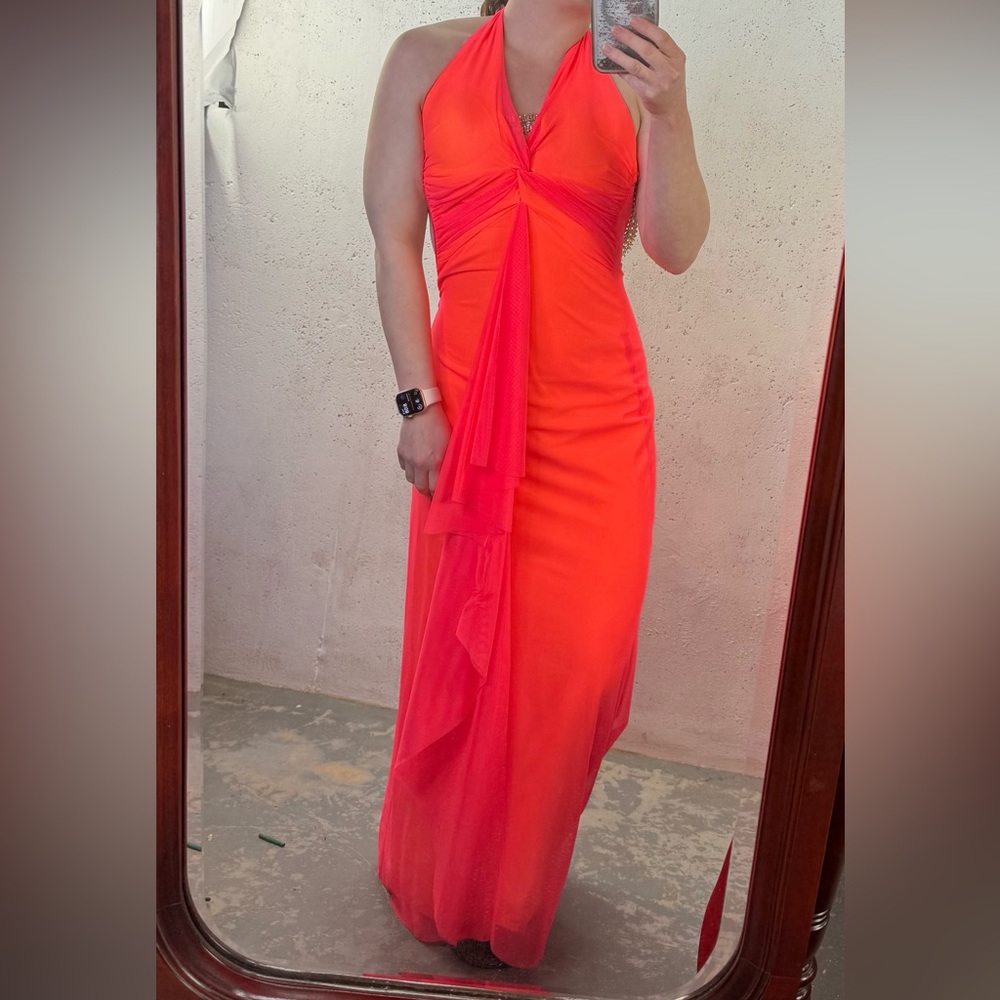 Vintage Y2K Mary L Couture Vibrant Orange Backless Dress Rhinestone Detail Sz 2